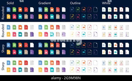 Dateitypen Symbolsatz - Vollfarbe, Verlauf, Umriss. Vektordateiformat Piktogramme Pack Stock Vektor