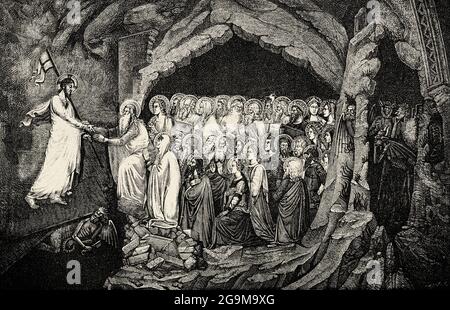 Leidenschaft von Jesus Christus. Der Abstieg in den Limbo. Alte Illustration von Jesus Christus aus dem 19. Jahrhundert von Veuillot 1881 Stockfoto