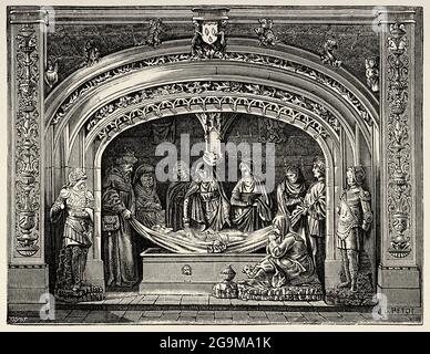 Christus-Entombment, Abtei Saint Pierre. Solesmes, Sarthe. Frankreich, Europa. Alte Illustration von Jesus Christus aus dem 19. Jahrhundert von Veuillot 1881 Stockfoto