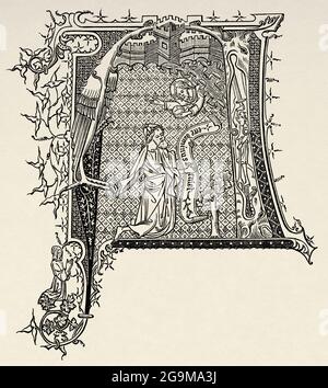 Anfangsbuchstabe A, 14. Jahrhundert. Alte Illustration von Jesus Christus aus dem 19. Jahrhundert von Veuillot 1881 Stockfoto