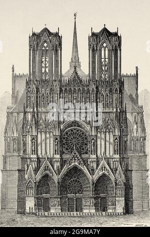 Ogivale Architektur. Die Kathedrale Notre-Dame de Paris vor der Restaurierung von Lassus und Viollet-le-Duc, 12. Und 13. Jahrhundert, Paris, Frankreich. Alte Illustration von Jesus Christus aus dem 19. Jahrhundert von Veuillot 1881 Stockfoto