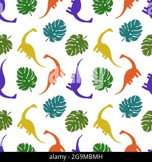 Nahtloses Muster mit Dinosauriern und Palmenblättern Stock Vektor