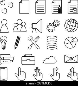 Line Art schwarz-weiß 24 Social-Media-Themen-Icons. Kreatives Schreiben, mobiler Zugriff und Interaktion mit Benutzern. Monochrome Vektorgrafik für den Standort Stock Vektor