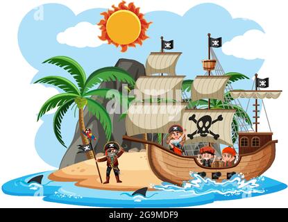 Piratenschiff auf der Insel mit vielen Kindern isoliert auf weiß Hintergrunddarstellung Stock Vektor