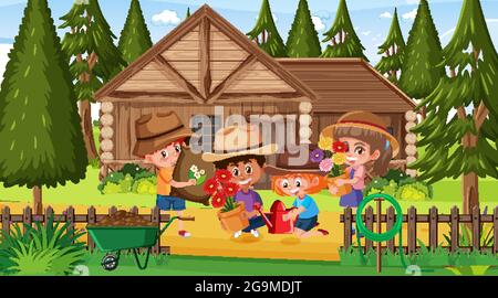 Szene mit vielen Kindern Pflanzen Blumen in den Garten Illustration Stock Vektor