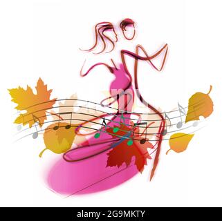 Tanz im Festsaal, Herbstmotiv. Stilisierte Illustration des Tanztanzens eines jungen Paares im Ballsaal, Herbstblätter und Musiknoten. Stockfoto