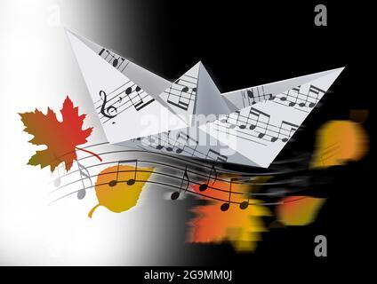Origami-Boot mit musikalischen Noten und Herbstblättern. Abbildung des Papiermodells des Bootes mit Musiknoten, die das Lied des Herbstes symbolisieren. Stockfoto