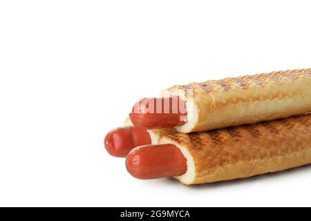 Leckere französische Hot Dogs auf weißem Hintergrund isoliert Stockfoto