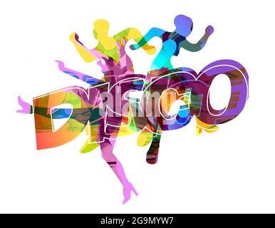 Disco-Tänzer. Ausdrucksstarke stilisierte Illustration von drei tanzenden Jugendlichen und DISCO-Inschrift. Stockfoto