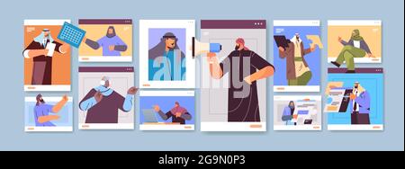 arabische Geschäftsleute in Web-Browser-Fenstern diskutieren während Videoanrufen virtuelle Konferenz Online-Kommunikation Teamarbeit Stock Vektor