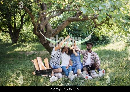 Zwei Frauen und zwei Männer lächeln, plaudern und trinken während des Sommerpicknicks im Freien. Internationale Freunde sitzen auf Gras und toasten mit Bierflaschen. Stockfoto