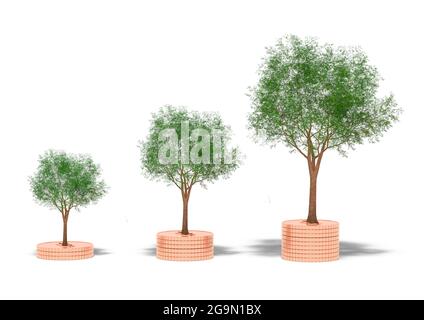 Eine Darstellung von Münzstapeln, eine wachsende Grafik mit Bäumen auf weißem Hintergrund. Das Konzept der Investition, der finanziellen Investitionen. Es symbolisiert Stockfoto