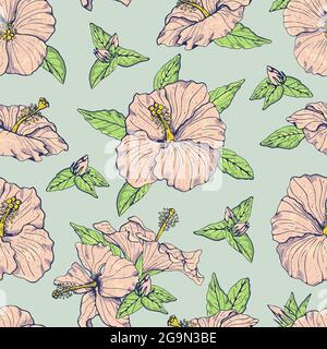 Nahtloses Vintage-Muster mit pinken Hibiskusblüten, Knospen und Blättern, mit dunkler Kontur. Auf türkisfarbenem Hintergrund. Stock Vektor