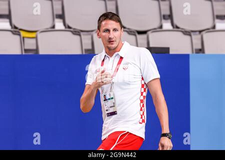 TOKIO, JAPAN - 27. JULI: Sandro Sukno aus Kroatien während des Olympischen Wasserball-Turniers 2020 in Tokio am 27. Juli 2021 im Tatsumi Waterpolo Center in Tokio, Japan (Foto: Marcel ter Bals/Orange Picles) Stockfoto