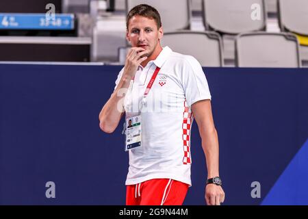 TOKIO, JAPAN - 27. JULI: Sandro Sukno aus Kroatien während des Olympischen Wasserball-Turniers 2020 in Tokio am 27. Juli 2021 im Tatsumi Waterpolo Center in Tokio, Japan (Foto: Marcel ter Bals/Orange Picles) Stockfoto