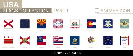 Quadratische Flaggen von US-Staaten. Teil I von Alabama nach Iowa. Vektorgrafik. Stock Vektor