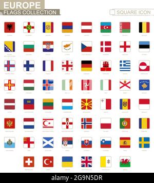 Quadratische Flaggen von Europa. Von Albanien nach Wales. Vektorgrafik. Stock Vektor