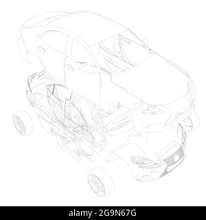 Maschinenumriss zerlegt in Teile isoliert auf weißem Hintergrund. Maschinenteile werden voneinander getrennt. Isometrische Ansicht. Vektorgrafik Stock Vektor