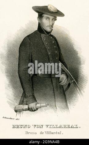 Bruno von Villarreal, Offizier der Carlistenarmee, General, Stahlstich nach einer Zeichnung von Scheuchzer, ARTIST'S COPYRIGHT MUSS NICHT FREIGEGEBEN WERDEN Stockfoto
