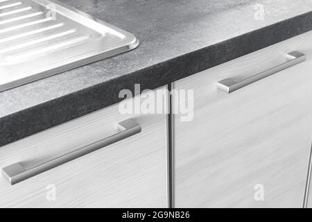Moderne Küche Innenarchitektur mit Schublade und Tischplatte, Küche Nahaufnahme Ansicht Hintergrundbild Stockfoto