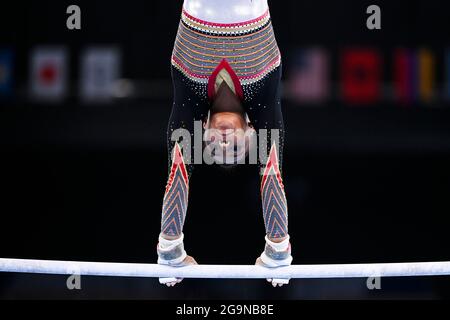 Die Belgierin Jutta Verkest zeigte sich während des Teamfinales des Kunstturnwettbewerbs am fünften Tag der Olympischen Spiele von Tokio 2020 in Aktion Stockfoto