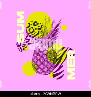 Zeitgenössische Kunstcollage, modernes Design. Sommerstimmung feiern. Komposition mit violetter Ananas isoliert auf abstraktem Hintergrund. Stockfoto