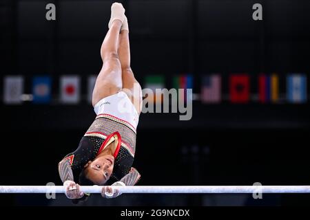 Die Belgierin Jutta Verkest zeigte sich während des Teamfinales des Kunstturnwettbewerbs am fünften Tag der Olympischen Spiele von Tokio 2020 in Aktion Stockfoto