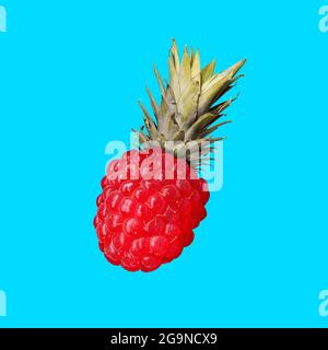 Zeitgenössische Kunstwerke, Zine-Collage, modernes Design. Sommerstimmung feiern. Zusammensetzung mit Mix Obst Ananas plus Himbeere isoliert auf blauem Neon Stockfoto