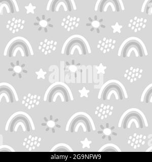 Nahtloses Boho-Muster mit Regenbogen, Sternen, Regen und Sonne für Textilien und Stoffe. Skandinavischer Druck. Sommer Tapete, Hintergrund Stock Vektor