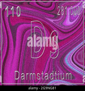 Darmstadtium chemisches Element, Zeichen mit Ordnungszahl und Atomgewicht, Periodensystem-Element, Rosa Hintergrund Stockfoto