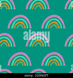 Nahtloses Boho-Muster mit Regenbogen für Textilien und Stoffe. Skandinavischer Druck. Sommer Bohemian Tapete, Hintergrund Stock Vektor