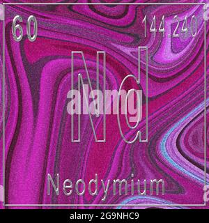 Chemisches Neodym-Element, Zeichen mit Ordnungszahl und Atomgewicht, Periodensystem, Rosa Hintergrund Stockfoto