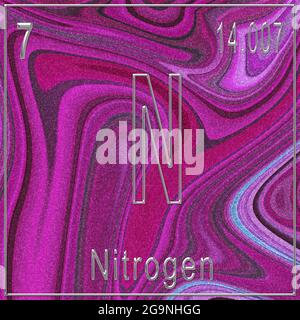 Chemisches Element Stickstoff, Zeichen mit Ordnungszahl und Atomgewicht, Periodensystem, Rosa Hintergrund Stockfoto