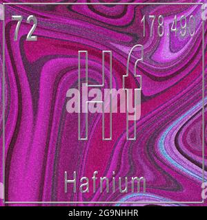 Chemisches Element Hafnium, Zeichen mit Ordnungszahl und Atomgewicht, Periodensystem, Rosa Hintergrund Stockfoto