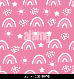 Nahtloses Boho-Muster mit Regenbogen, Sternen, Regen und Sonne für Textilien und Stoffe. Skandinavischer Druck. Sommer Tapete, Hintergrund Stock Vektor