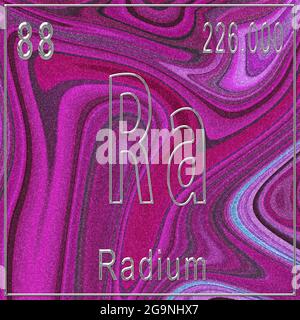Chemisches Radium-Element, Zeichen mit Ordnungszahl und Atomgewicht, Periodensystem-Element, Rosa Hintergrund Stockfoto