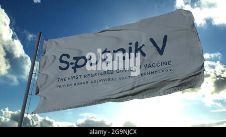 MOSKAU, RUSSLAND, 2021. JUNI: Flagge mit dem Sputnik-V-Impfstofflogo winkt im Wind. Sputnik V ist der russische Impfstoff COVID-19. 3d-Rendering Stockfoto
