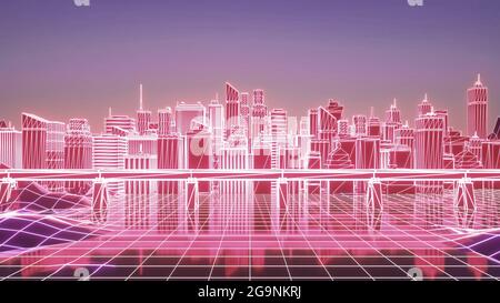 Neon City. Futuristische Neon Wolkenkratzer Hintergrund. Geschäfts- und Technologiekonzept. 3d-Rendering Stockfoto