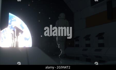 Astronaut zu Fuß im futuristischen Raumschiff, Sci-Fi-Shuttle-Korridor. Technologie und Zukunftskonzept. 3d-Rendering Stockfoto