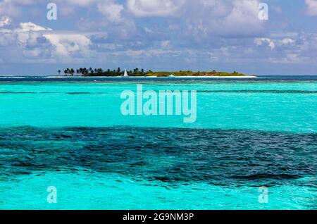 Blick auf die karibische Insel Petit Tabac, das Türkismeer, das Horseshoe Reef und die Yachten; den Tobago Cays Marine Park, Saint Vincent und die Grenadinen. Stockfoto