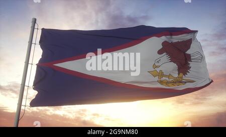 Flagge des Amerikaners Samoa winkt im Wind-, Himmel- und Sonnenhintergrund. 3d-Rendering Stockfoto