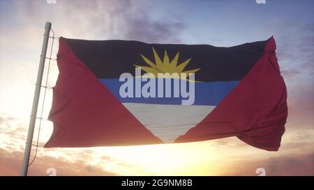 Antigua und Barbuda Flagge winkt im Wind, Himmel und Sonne Hintergrund. 3d-Rendering Stockfoto