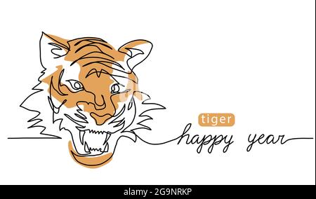 Brüllender Kopf des Tigers. Eine fortlaufende Strichzeichnung. Farbvektordarstellung, Banner, Poster, Hintergrund. Begrüßung zum asiatischen Neujahr Stock Vektor