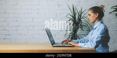 Geschäftsfrau, die in einem modernen Büro auf einem Laptop vor weißem Backstein-Hintergrund arbeitet Stockfoto