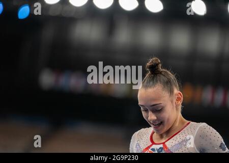 Arlake Gymnastik Center, Tokio, Japan. Juli 2021. Frauen Team Artistic Gymnastics, Tag 4 der Olympischen Sommerspiele 2020 in Tokio; Jennifer Gadirova Nahaufnahme nach einer atemberaubenden Vorstellung Credit: Action Plus Sports/Alamy Live News Stockfoto