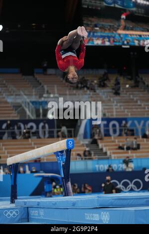 Arlake Gymnastik Center, Tokio, Japan. Juli 2021. Frauen Team Artistic Gymnastics Finale, Tag 4 der Olympischen Sommerspiele 2020 in Tokio; Jordan Chiles, des Teams Vereinigte Staaten am Balken Credit: Action Plus Sports/Alamy Live News Stockfoto