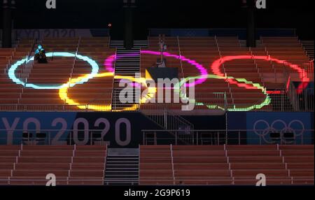 Tokio. Juli 2021. Das am 27. Juli 2021 aufgenommene Foto zeigt das Ariake Gymnastik Center vor dem Finale der Frauenmannschaft im Kunstturnen bei den Olympischen Spielen 2020 in Tokio, Japan. Quelle: Cao Can/Xinhua/Alamy Live News Stockfoto