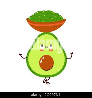 Nette glückliche Avocado halten Guacamole Sauce Schüssel Charakter. Vektor Hand gezeichnet Cartoon kawaii Figur Illustration. Isoliert auf weißem Hintergrund. Acocado und Guacamole Sauce Cartoon Charakter Konzept Stock Vektor