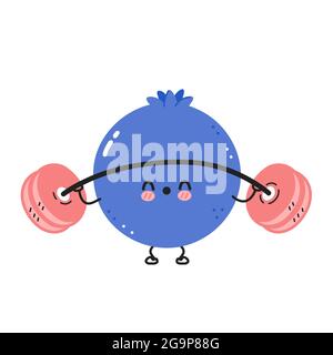 Nette lustige Heidelbeere machen Fitnessstudio mit Langhantel. Vektor flache Linie Cartoon kawaii Figur Illustration Symbol. Isoliert auf weißem Hintergrund. Blueberry Workout, Sport, Fitness Charakter Konzept Stock Vektor