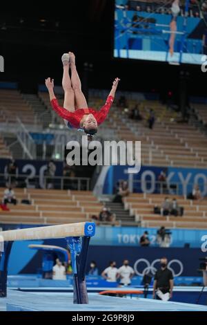 Arlake Gymnastik Center, Tokio, Japan. Juli 2021. Womens Team Artistic Gymnastics Finale, Tag 4 der Olympischen Sommerspiele 2020 in Tokio; Grace McCallum aus den USA tritt im Gleichgewichtsstrahl an Credit: Action Plus Sports/Alamy Live News Stockfoto